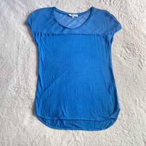 Sandro Linen Silk Sheer Yoke Short Sleeve Top Blue Size 2